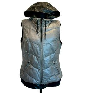 Blink by Danier Leather gray leather quilted puffer vest goose down hooded Sz M